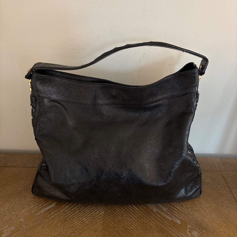 Tory Burch Large Black Glazed Leather Hobo Shoulder Handbag IS2